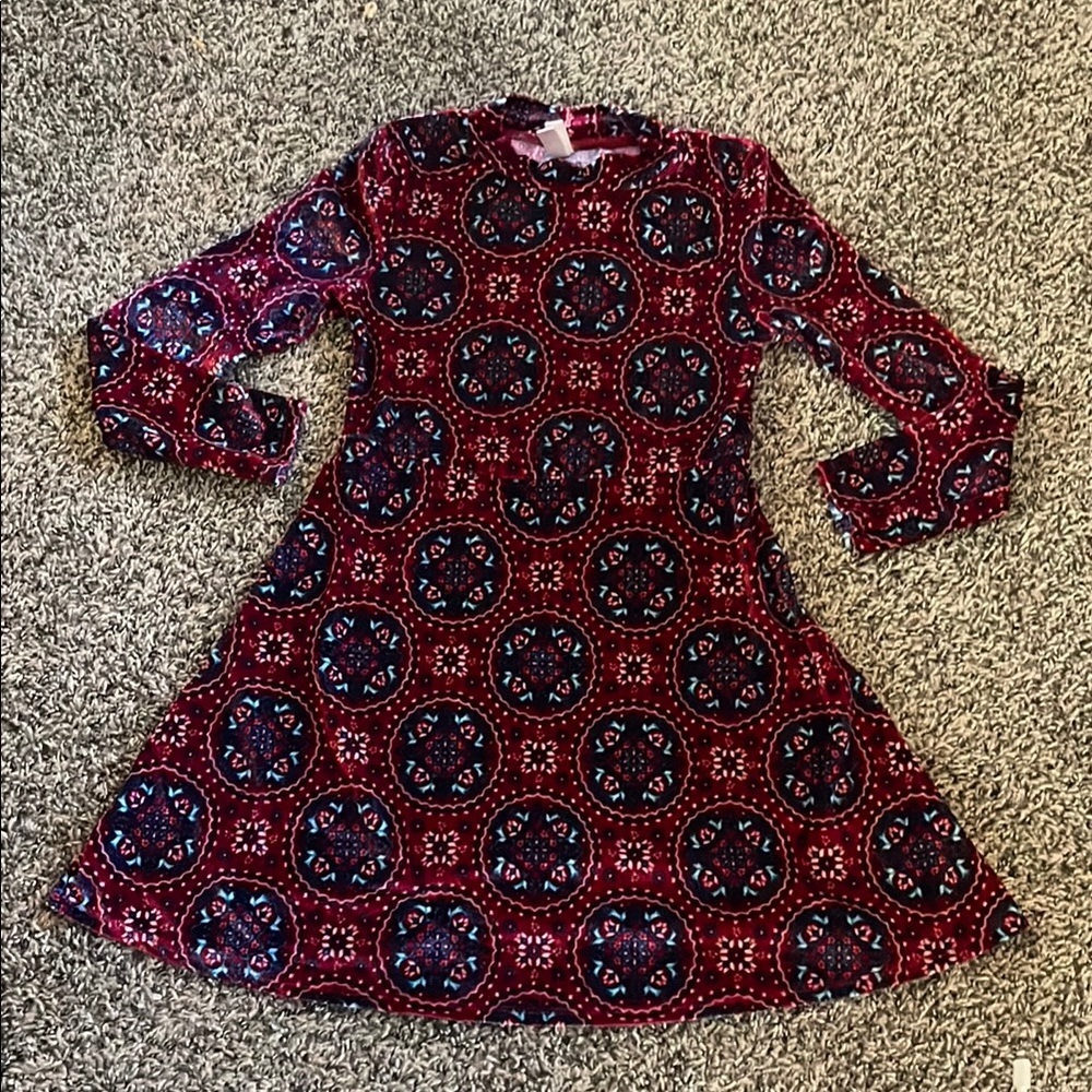 Xhilaration Girls Velvet Dress in Red with Blue Pattern